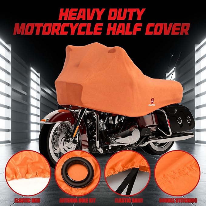 Rosefray 420D Motorcycle Half Cover-Outdoor Waterproof All Weather Protection Lightweight Half Cover, Orange XL Size for Most Touring Models Harley Davidson,Honda Goldwing,Road King Street Glide