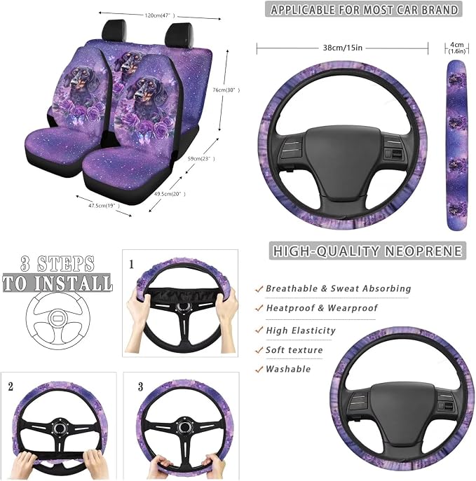 Suobstales Galaxy Dachshund Flower Print Car Accessories Set of 13 Auto Seat Protectors Cover with Seat Belt Cover,Trash Can,Steering Wheel Cover,Rearview Mirror Cover,Keychains and Cup Holders
