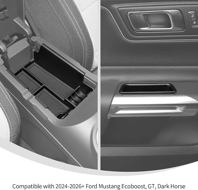 Linskip Center Console Organizer Kit for Ford Mustang Ecoboost, GT, Dark Horse 2024 2025 2026+, Armrest Organizer + Door Insert(Black)