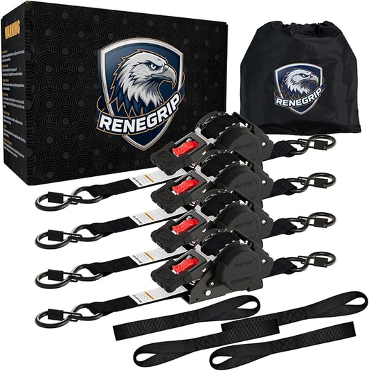 Retractable Ratchet Straps Heavy Duty Tie Down 1''*12ft Breaking Strength 1760LBS Cargo Securing System,for Motorcycle,UTV,ATV,Trailer(Black,4 Pack)