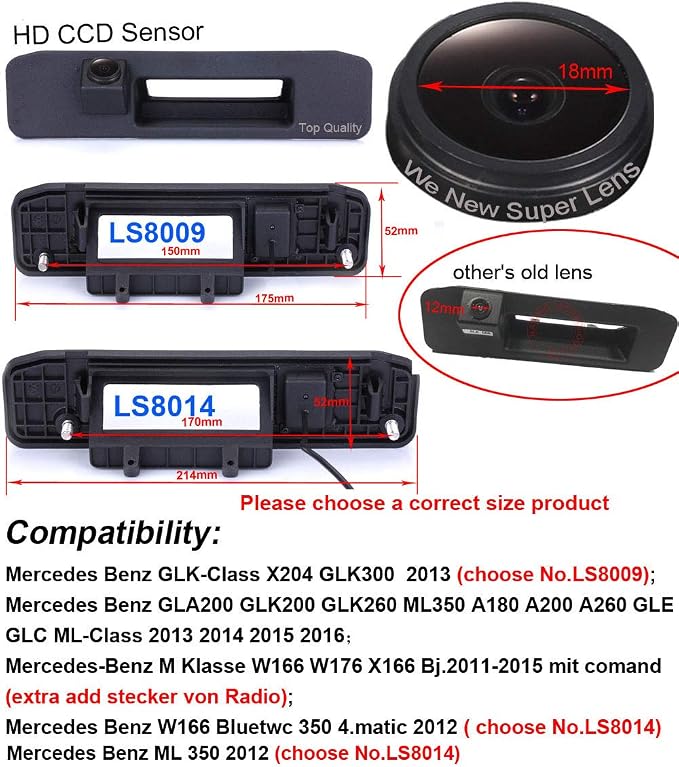 Super Pro HD Car Rear View Parking-Waterproof Trunk Handle Reversing Camera, for Mercedes Benz A C GL GLA GLC ML M V Class Vito Kasten Tourer W447 W448 V250 W166 X156 GLA200 S205 A180 C117 W176