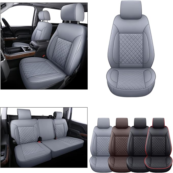 LUCKYMAN CLUB Chevy Silverado/Sierra P01-S1 Seat Covers Full Set, Fit 2019-2024 1500/2020-2024 2500 HD/3500 HD Crew Cab with Breathable Faux Leather (Full Set, Gray)