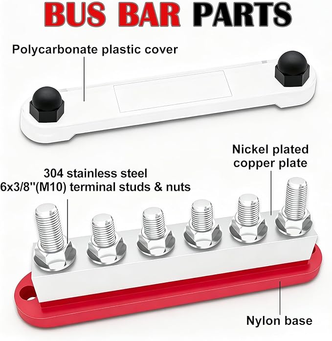 650A Marine Bus Bar Heavy Duty Power Distribution Block, Battery Busbar, Automotive Buss bar Terminal Block with 6X 3/8" (M10) Studs for Car, Boat and Solar Wiring (Black+Red)