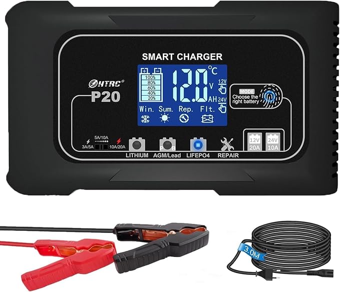 Battery Charger, Smart 0-20A 12V/24V Trickle Charger, Portable Car Battery Charger with 9 Stages of Charging for LiFePO4, Lead-Acid, and Lithium Batteries, with Battery Repair Function