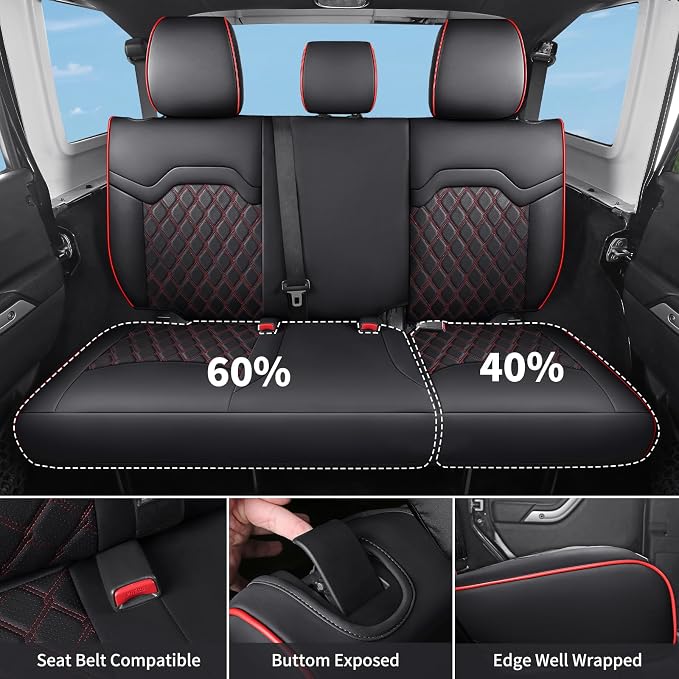 Huidasource Wrangler JK Seat Covers 4 Door 2007-2017, Waterproof Leather Seat Cover Protectors for Jeep Wrangler Unlimited Sahara, Rubicon, Sport, Willys (Full Set/Black&Red)