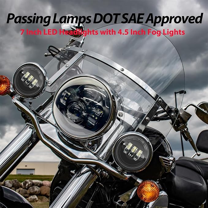 7 inch Motorcycle LED Headlight 4.5’’ Fog Passing Lights DOT Kit for Harley Davidson Street Electra Glide Ultra Limited Special CVO Tri Heritage Softail Deluxe Classic Switchback Screamin Road King