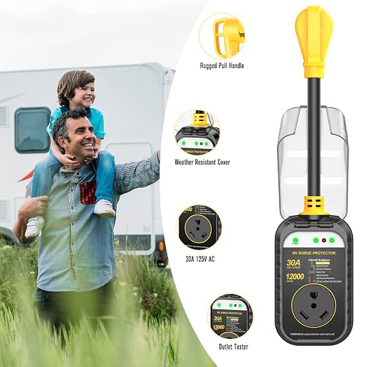 GEARGO RV Surge Protectors 30 Amp, 12000 Joules RV Circuit Analyzer, IP68 Surge Voltage Protection, RV Adapter Plug for Camper (Yellow)