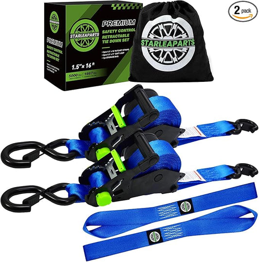 Retractable Ratchet Straps (2pk) -Patented | 1.5 in x 16 ft Heavy Duty Auto Ratchet Straps with Soft Loops | Perfect Automatic Tie Downs for Motorcycle,Kayak and Truck | Break Strength 5,000LBS/2268KG