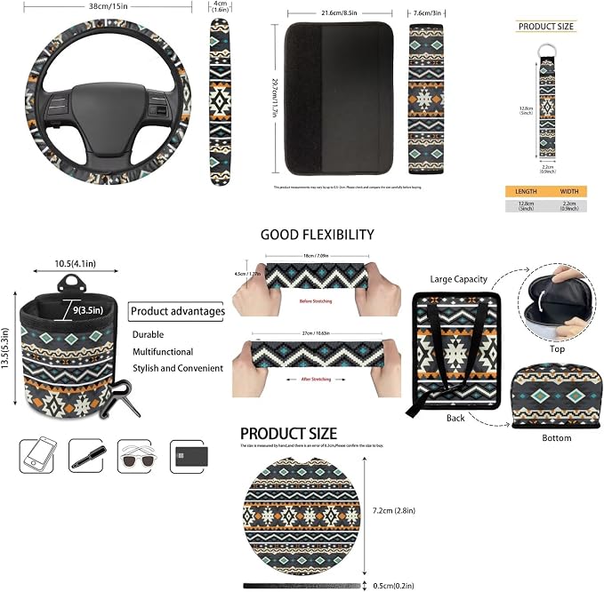 XYZCANDO Ethnic Style Auto Accessories Sets 15 PCS Car Seat Cover Set Steering Wheel Cover Seat Belt Pads Cover Garbage Bag Coasters Keychain Storage Box Car Rear View Mirror Cover for Sedans Van SUV