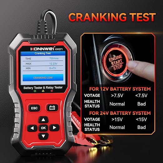 KONNWEI KW371 Battery Tester & Relay Tester 2 in 1 | 6V/12V/24V battery system tester with cranking & charging analysis. 4/5-pin relay tester. CCA 10-2000. No batteries required.