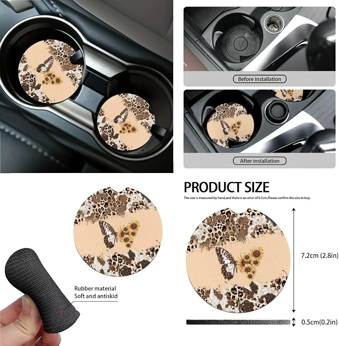 Butterfly Sunflower Print Car Seat Cover Sets for Women Full Set Leopard Cow Print Car Front and Rear Seat Covers with Steering Wheel Cover Safety Belt Pads Garbage Bag Coasters