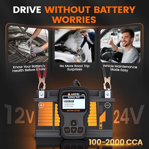 ANCEL BT310 12V 24V Car Battery Tester, Lead-Acid & Lithium Battery Load Tester for 100-2000 CCA, Test Automotive Battery Health, Cranking & Charging System for Car Truck Motorcycle RV ATV Boat & More
