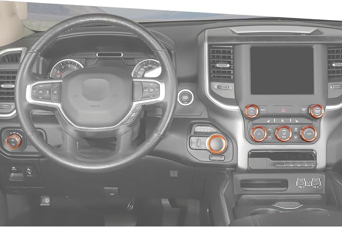 Jimen for Ram Center Console Knob Covers, 7PCS AC Air Conditioner Audio Volume Button & Headlight Switch & 4WD Shifter Knob Ring Trim Fit for Dodge Ram 2018-2025 (Orange)