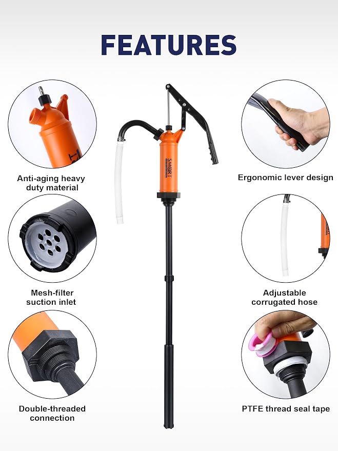 55 Gallon Drum Pump for DEF, DEF Pump for 55gal Barrel, 9-14 oz per Stroke | barrel pump, 55gal drum pump, manual water pumps, 55 gallon water pump, Fit 5-55 Gallon Drums with 1-1/2" or 2" NPT Thread