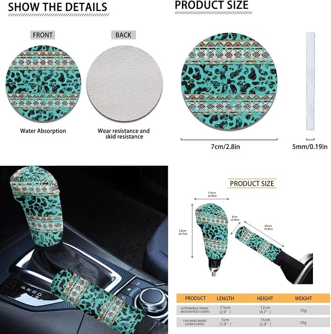 Dreaweet Turquoise Aztec Cow Print Car Seat Covers Full Set with Steering Wheel Cover/Seat Belt Pad/Armrest Covers/Cup Coasters/Handbrake Cover/Gear Shift Knob Handbrake Cover,12 Pcs Set,Universal