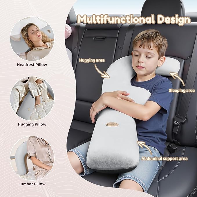FLORICH Memory Foam Kids Travel Pillow, Car Sleeping Pillow, F-Shape Car Pillows for Adults and Children, Traveling Car Pillow for Kids with Removable Pillowcase (Dark Grey)