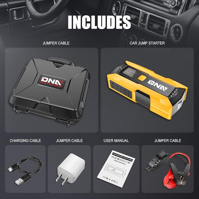 DNA Motoring 12V 2000A Peak Multi-Function Portable Car Battery Jump Starter for Up to 8.0L Gas / 6.3L Diesel Engine, with Carry Case, Golden/Black,TOOLS-00276