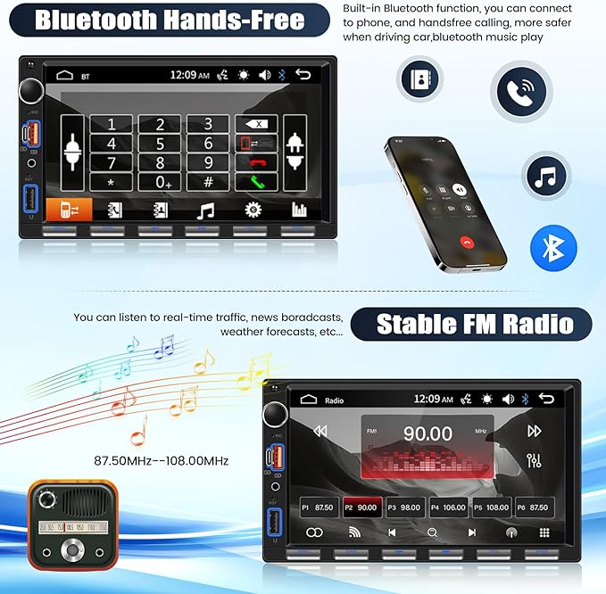 [Upgrade] Double Din Car Stereo with Bluetooth,7 Inch Touch Screen 2 Din Car Radio with FM Radio EQ Mirror Link SWC USB/Type-C/Aux-in Ports+Backup Camera