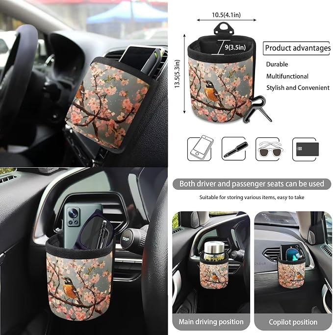 Robin Bird Cherry Blossom Pattern Car Seat Covers Full Set Steering Wheel Cover Seatbelt Covers Keychain Coasters Trash Bin Air Outlet Pocket Rearview Cover, 15pcs Car Interior