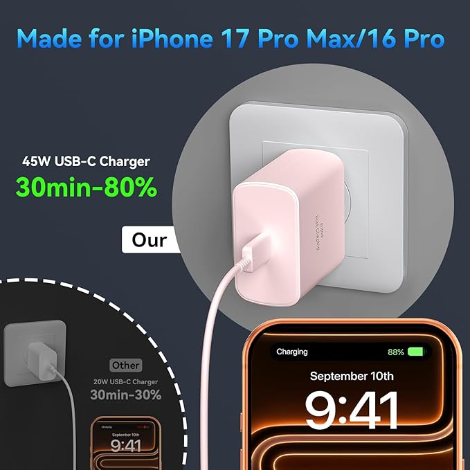 Phone 17 16 Pro Max Charger Fast Charging, 45W Super Fast USB C Charger Block with 10FT Nylon Braided Charging Cable for 17 16 Pro Max/17 16 Pro/16 Plus,15 Pro Max/15 Pro/15/Air, Android Phone-Pink