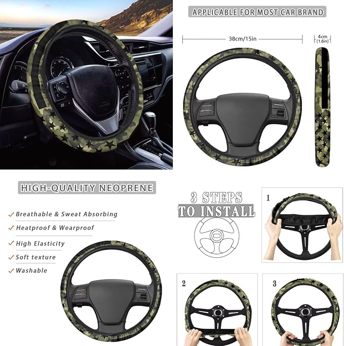 8 Pcs American Flag Theme Car Accessories Set, Car Seat Covers Full Set with Auto Steering Wheel Cover Center Console Pad Seat Belt Covers, Patriotic Decorations