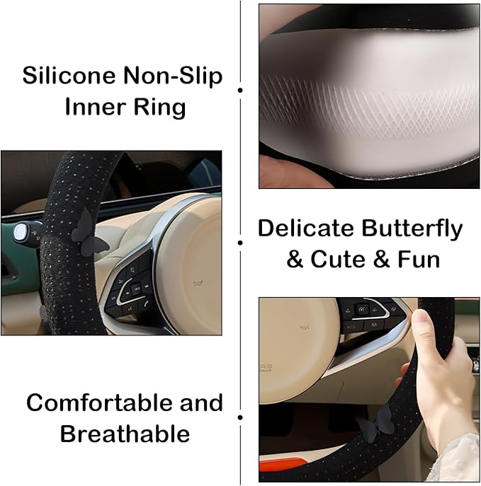 Butterfly Embroidery Steering Wheel Cover, Cute Mesh Fabric Steering Wheel Cover for Women, 14.5-15 Inch Non-Slip Breathable Microfiber Car Steering Wheel Protector