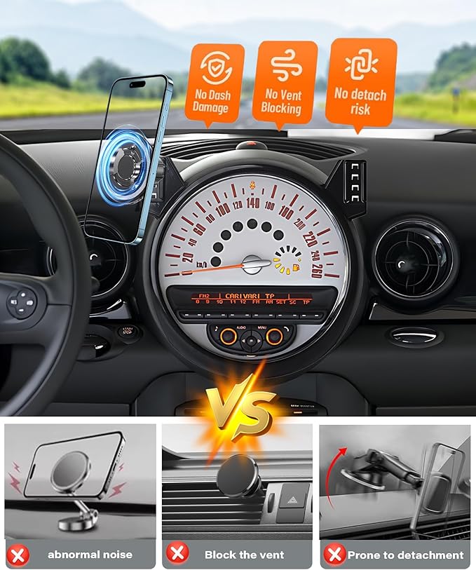 Magnetic Car Phone Mount for BMW MINI Cooper 2007 2008 2009 2010 2011 2012 2013 Accessories, for MagSafe Strong Magnets Cell Phone Holder, with Portable Phone Gripper 360° Rotation