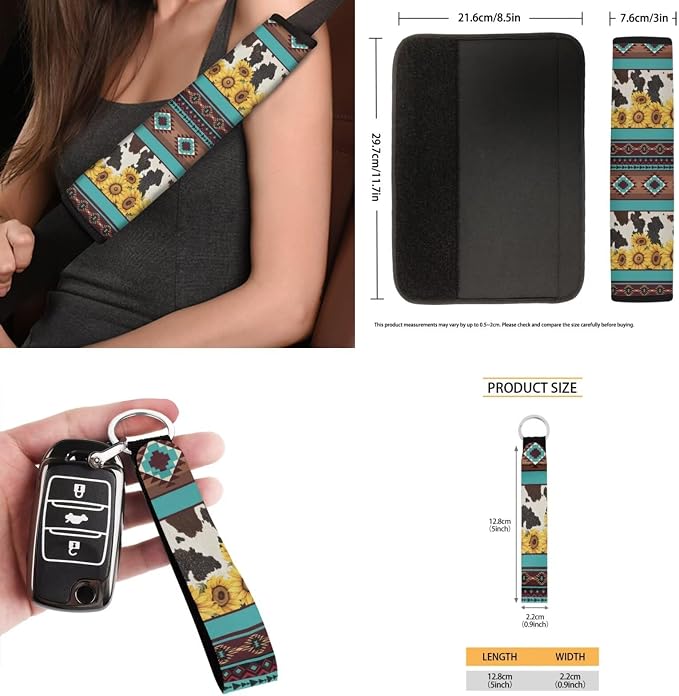 Aztec Sunflower Cowhide Car Seat Covers Set of 15 with Universal Steering Wheel Cover, Rearview Mirror Cover, Car Trash Can, Seatbelt Pads, Cup Holder Coasters, Keychains