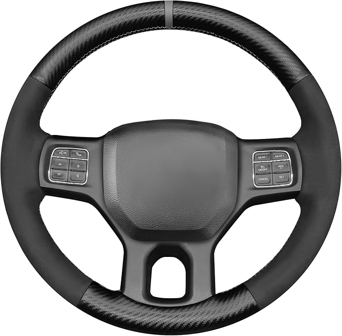 MEWANT Hand Stitch Black Matte PU Carbon Fiber Suede Steering Wheel Cover for Dodge RAM 1500 1500 Classic 2500 3500
