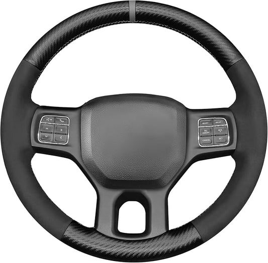 MEWANT Hand Stitch Black Matte PU Carbon Fiber Suede Steering Wheel Cover for Dodge RAM 1500 1500 Classic 2500 3500