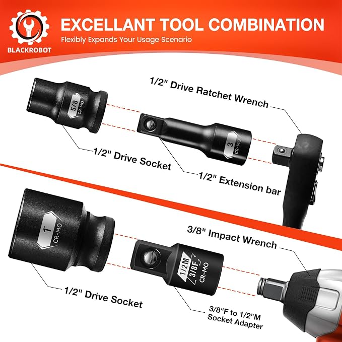 BLACKROBOT 1/2" Drive Magnetic Impact Socket Set, 10-Piece Shallow Socket Set with Storage Rail, SAE 3/8" to 1", 6-Point Magnetic Sockets, Cr-Mo Steel