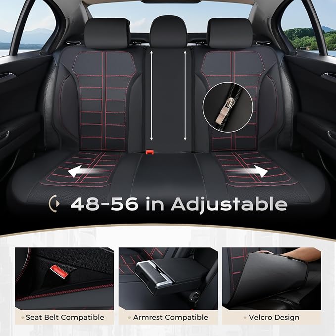 Coverado Full Set Leather Car Seat Covers, Crafted with Full Leather Construction and Carbon Fibre Weave Universal Fit for Most Cars SUV Trucks(Redline