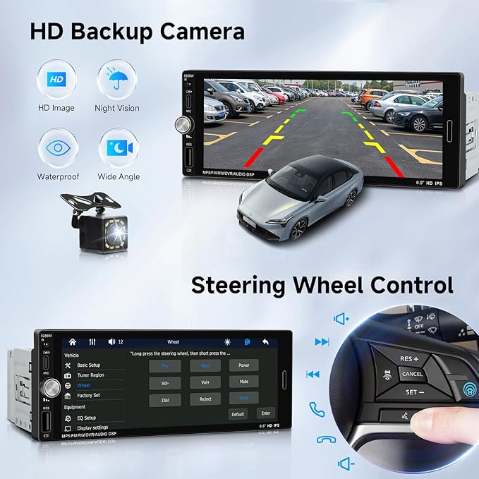 6.9'' Single Din Car Stereo with Wireless CarPlay Android Auto, 1280 * 480 HD Touchscreen Radio Bluetooth 5.2, Mirror Link, FM, SWC, Type C/USB Charging + Backup Camera+ Mic