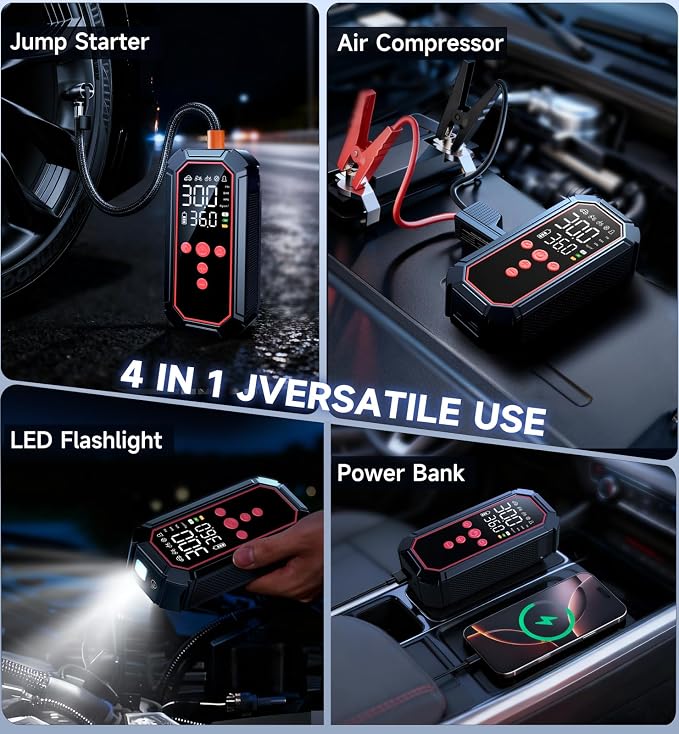 Portable Jump Starter with Air Compressor - 4000A Winter Car Battery Booster for SUVs & Trucks, Road Trip Essential with Tire Inflator & Power Bank for Interstate Travel