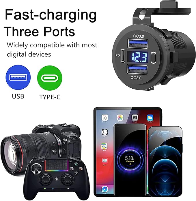 Zennova [5 Pack] 12v USB Outlet, Dual USB Quick Charge 3.0 Port and PD USB C Car Charger Socket Waterproof with Voltmeter and Power Switch for Car Golf Cart Boat Marine Bus Truck RV Marine Motorcycle