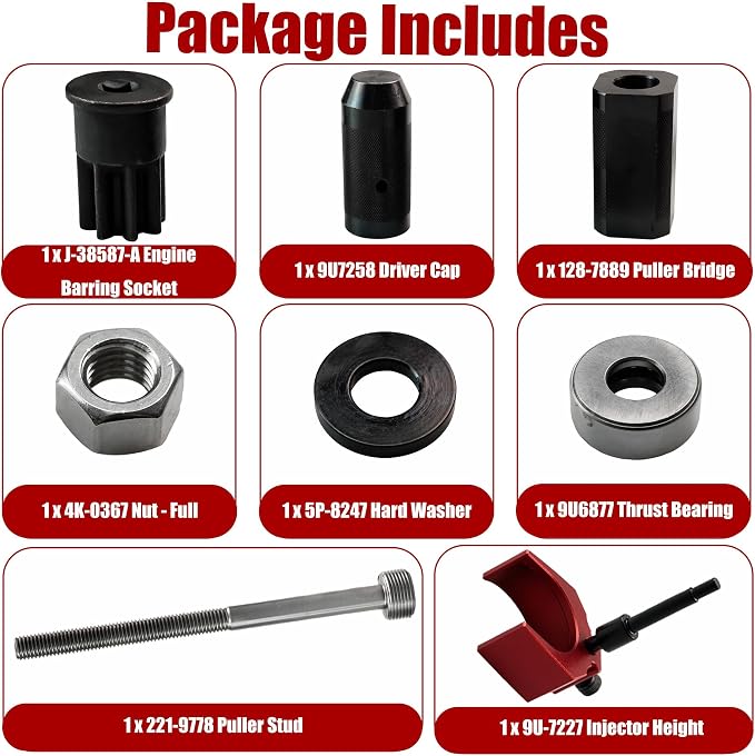 9U-6891 Injector Sleeve Remover Installer Set for CAT Caterpillar 3406E C-15 C-16 Engines 9U-7227 Injector Height Tool J-38587-a Engine Barring Socket(8 PCS)