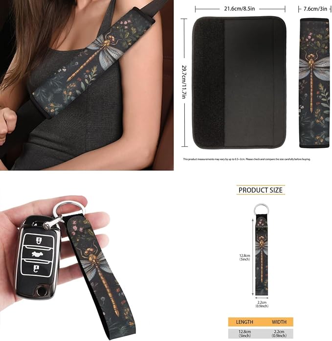 Goth Dragonfly Seat Covers for Cars Full Set - Seat Covers Front and Back with Steering Wheel Cover Seatbelt Pad Coasters Trash Bag Air Rearview Mirror Cover Keychain