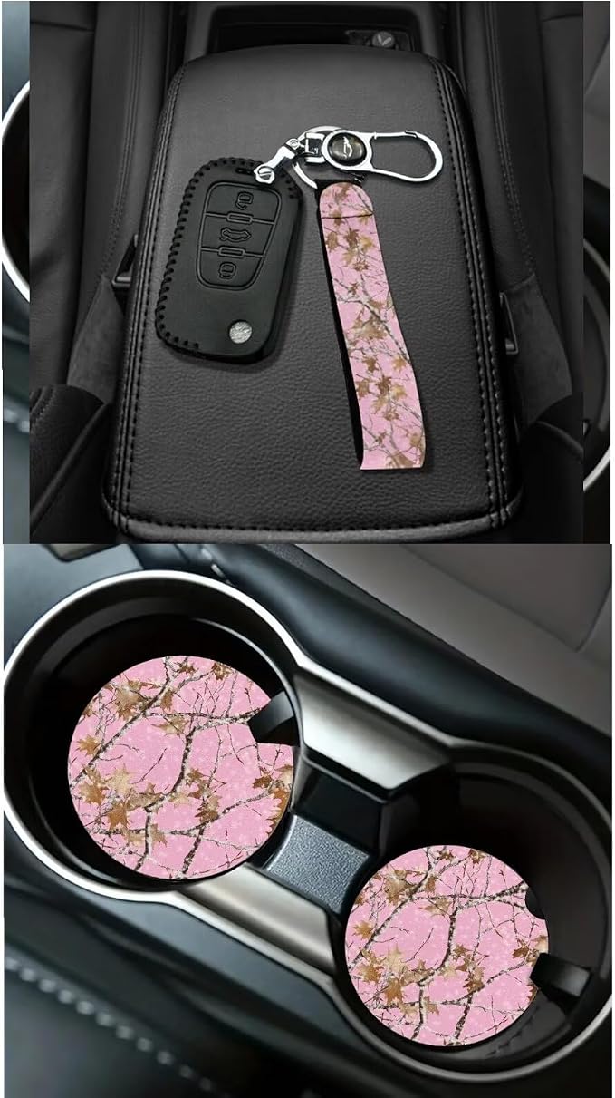 Dreaweet Pink Car Seat Covers Full Set Branch Camo Steering Wheel Cover Seat Belt Pads Trash Bag Air Vent Storage Pouch Rear rview Mirror Cover Coaster Keychain,15 Pcs,Universal Fit