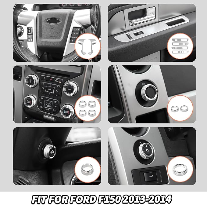 Jimen Fit for Ford F150 2013-2014, 14PCS Interior Silver Trim Kits - Air Conditioner Volume Knob Cover & 4WD Headlight Switch Trim Ring, Window Lift Switch Panel