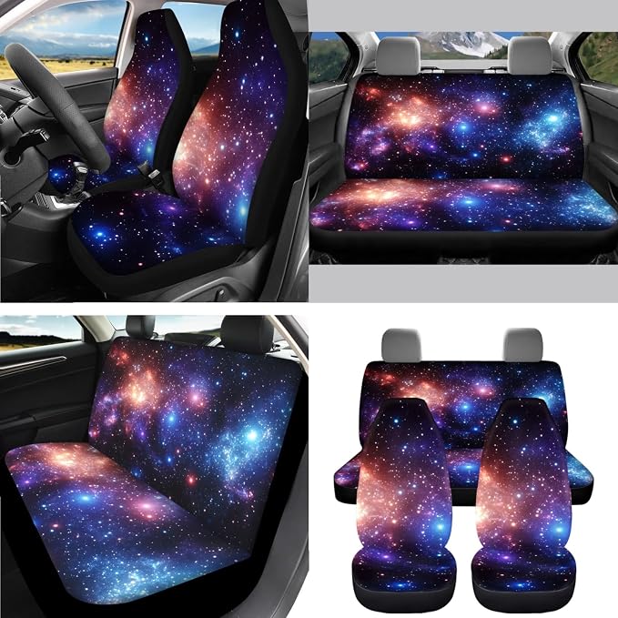AFPANQZ Starry Galaxy Car Accessories Set 11pcs with Steering Wheel Cover, Front Seat + Bench Covers, Seat Belt Pads Gear Shift Knob Handbrake Cushion Car Cup Holder Coaster Mens Women Gift