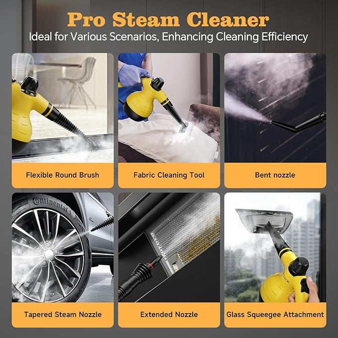TICYACK Handheld Steam Cleaner, Steam Cleaner with 16 PCS Accessory & Safety Lock, Capacity, Multi-Surface Deep Cleaning for Home, Car, Bathroom, Grout, Floor, Window(Yellow)