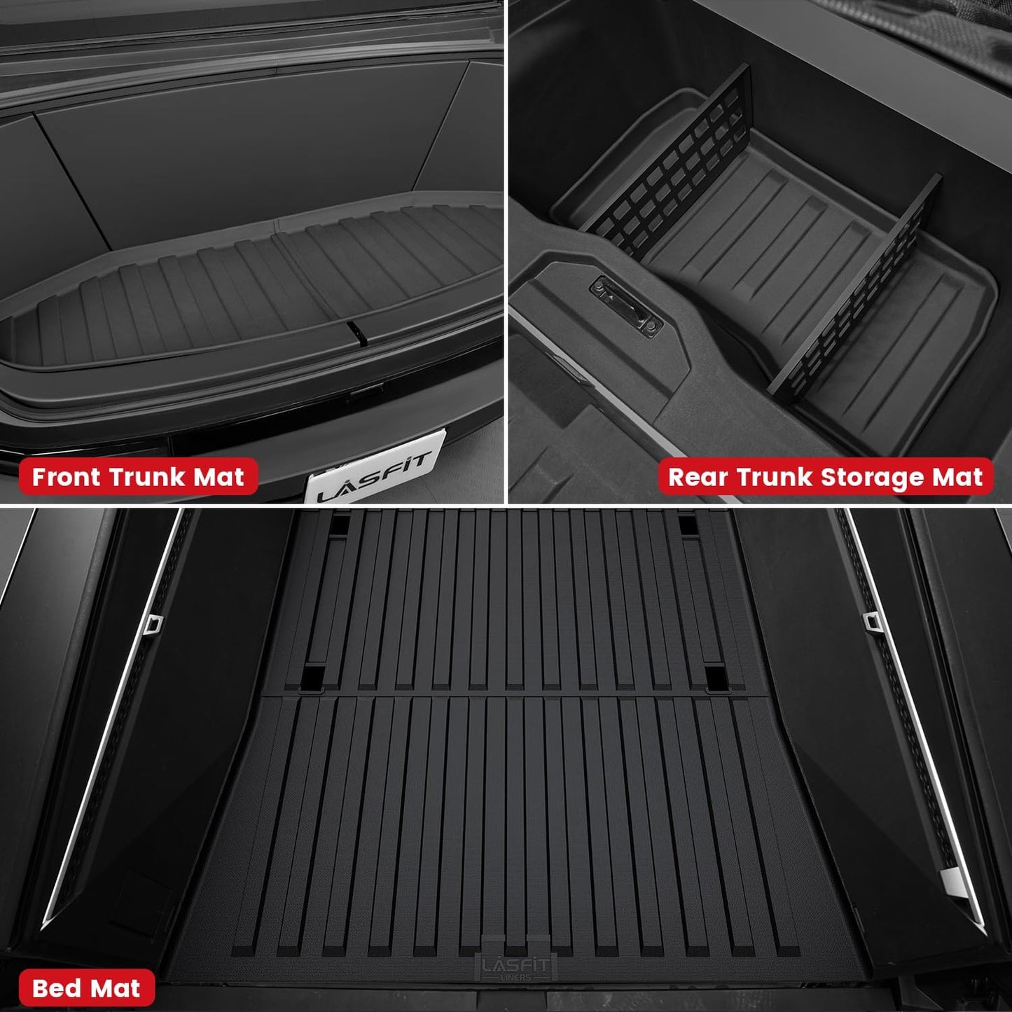 LASFIT Truck Bed Mat for Tesla Cybertruck 2024 2025 2023 6FT Bed Liner Car Accessories, Custom Fit TPE All Weather Pickup Cargo Liner Frunk Rear Sub Trunk Mat Set 3PCS