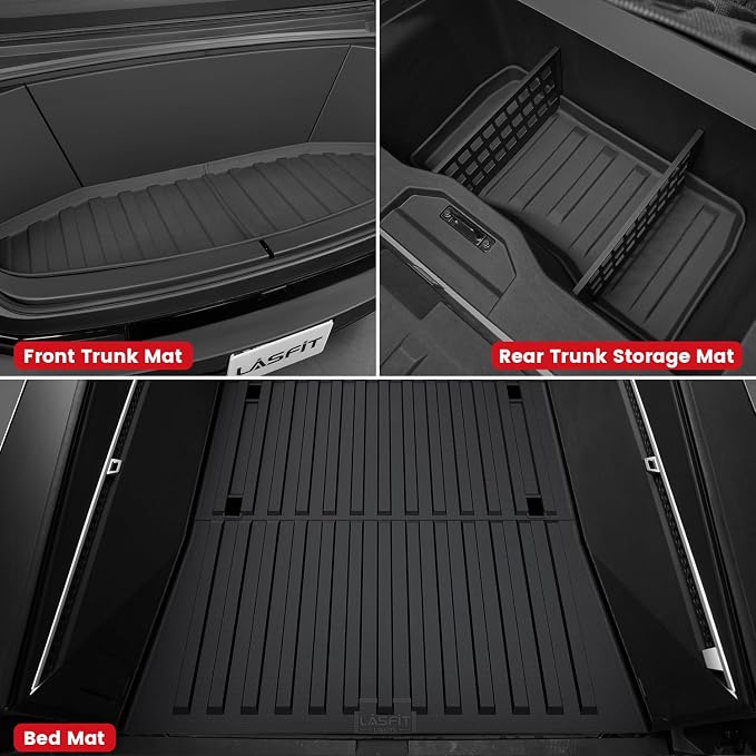 LASFIT Truck Bed Mat for Tesla Cybertruck 2024-2026 6FT Bed Liner Car Accessories, Custom Fit TPE All Weather Pickup Cargo Liner Frunk Rear Sub Trunk Mat Set 3PCS