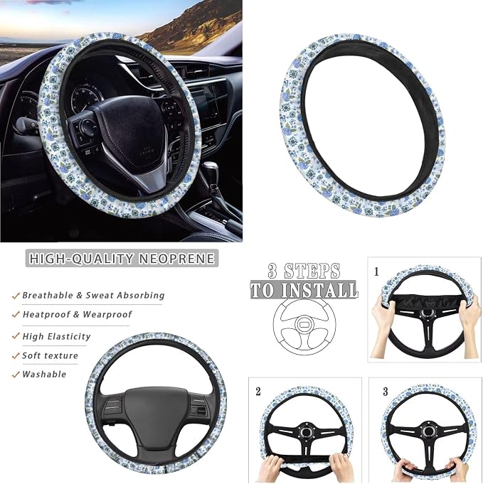 Hydrangea Boho Mandala Butterfly Pattern Car Seat Covers Full Set, 13 Pieces Car Accessories with 1 Steering Wheel Cover, 4 Seat Belt Covers and 4 Waterproof Coasters Universal Fit for SUV