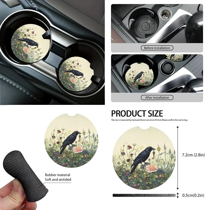 Crow Flower Print Full Set with Front Back Seats Steering Wheel Covers Rearview Mirror Cover Keychain Trash Can Auto Seat Belt Pads Air Vent Storage Bag Cup Holder Coaster for Women Men