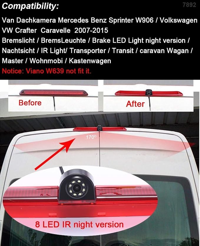 HD Brake Light Backup Camera with 7 Inch LCD Monitor, Waterproof Night Vision Car Roof Reversing Camera Replacement for VW Crafter Caravelle 2007-2015/Mercedes Sprinter W609 W907 W910 316 CDI