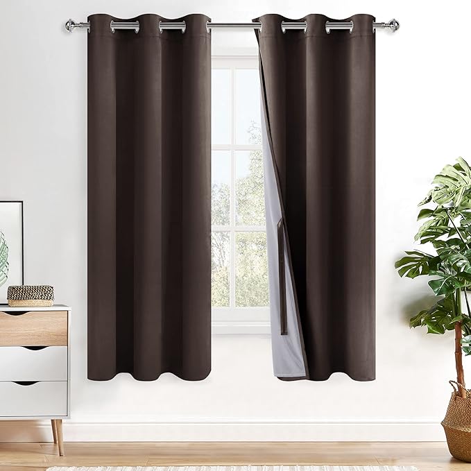 XWZO Complete Blackout Shades Window Curtain Panels with Tiebacks- Noise Reduction and Light Blocking Grommet Curtains with Black Liner for Studio, Basement Room, Brown, W38 x L72, Set of 2