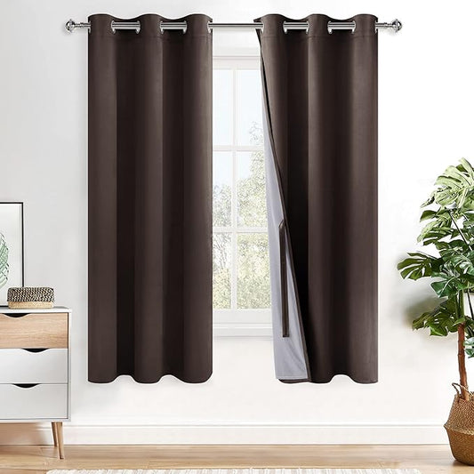 XWZO 100% Blackout Window Curtains - Thermal Insulated & Completely Room Darkening Black Liner Window Treatment with Tiebacks for Bedroom/Living Room, Brown, W38 x L63, Set of 2 Panels