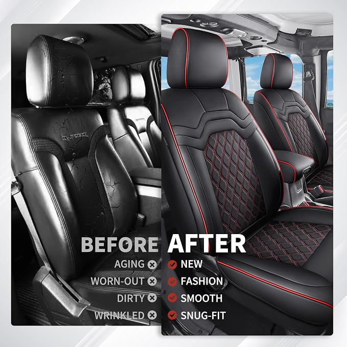 Huidasource Ford F250 Black&Red Front Seat Covers, 360° Full Wrap Leather Seat Cushion Cover Fit for Ford F150 2015-2026, F250 F350 F450 2017-2026 All Cab XL XLT Lariat King Ranch Platinum
