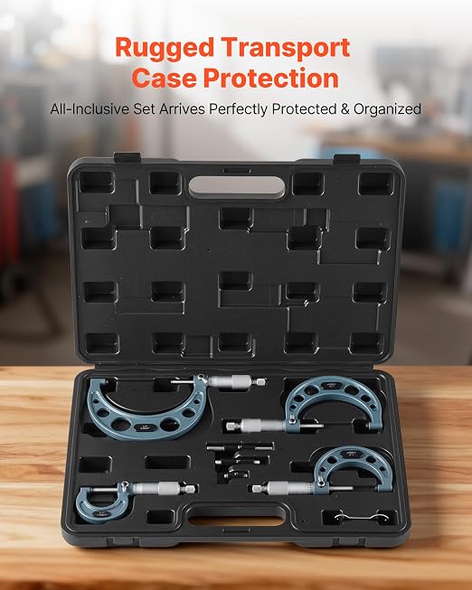 VEVOR 4 PCS Micrometer Set, 0-1"/1-2"/2-3"/3-4" Machinist Outside Micrometer, Ultra-Precision 0.0001 Accuracy, Professional Machinist Tools with Protective Case, for Metalworking & Engineering